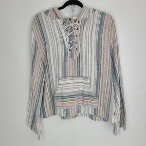 Roxy Long Sleeve Knit Hoodie Top Poncho White Blue Stripes Wide Arms Large